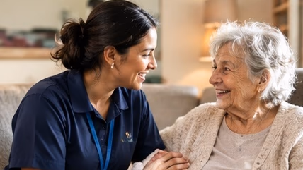 A carer holding an older woman's hands as they talk on her sofa