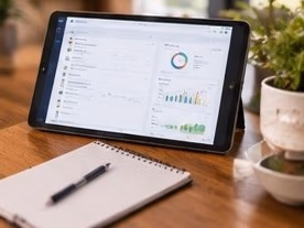A tablet showing a care scheduling dashboard on a desk beside a notebook